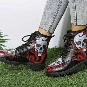 Black & Red Tentacle Skull Lace-Up Boots - Women